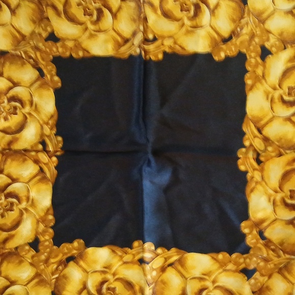 Authentic Chanel Camelia Black Golden Silk Scarf W/box - Picture 2 of 12